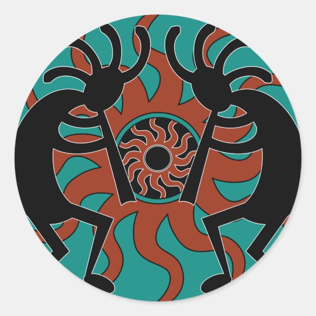 Turquoise Tribal Sun Southwest Kokopelli Classic Round Sticker (Front)
