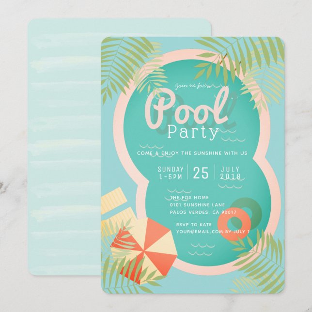 Turquoise Tropical Adult Pool Party Invitation (Front/Back)