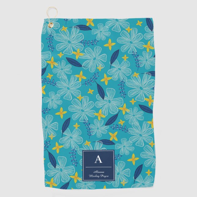 Turquoise Tropical Floral Pattern - Add Your Name Golf Towel (Front)