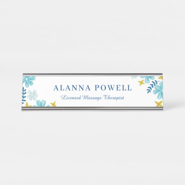 Turquoise Tropical Flowers Massage Therapist Desk Name Plate (Front)