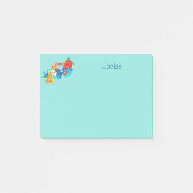 Turquoise Tropical Flowers Personalised 4x3 Post-it Notes (Front)