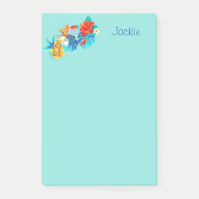 Turquoise Tropical Flowers Personalised 4x6 Post-it Notes (Front)