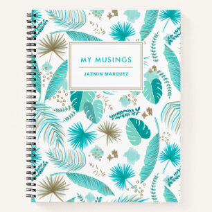 Turquoise Tropical Leaves Pattern Personalised Notebook