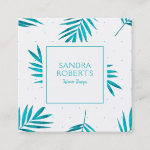 Turquoise tropical palm leaves pattern square business card