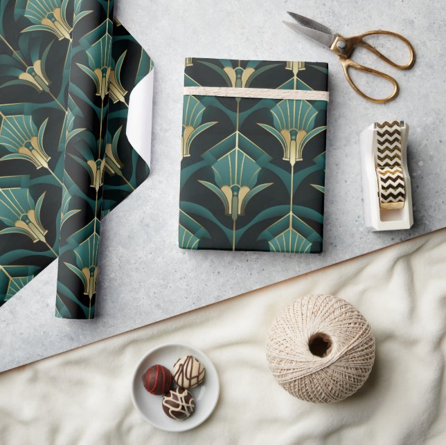 Turquoise Turquoise and Gold Art Deco Pattern Wrapping Paper (Crafts)