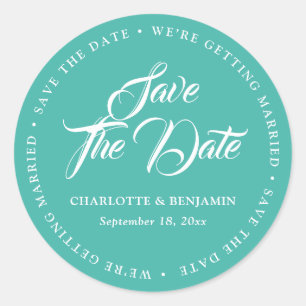 Turquoise Typography Script Wedding Save The Date Classic Round Sticker