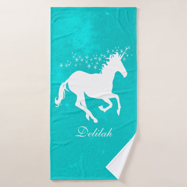 Turquoise Unicorn Personalised Bath Towel Set (Bath Towel)