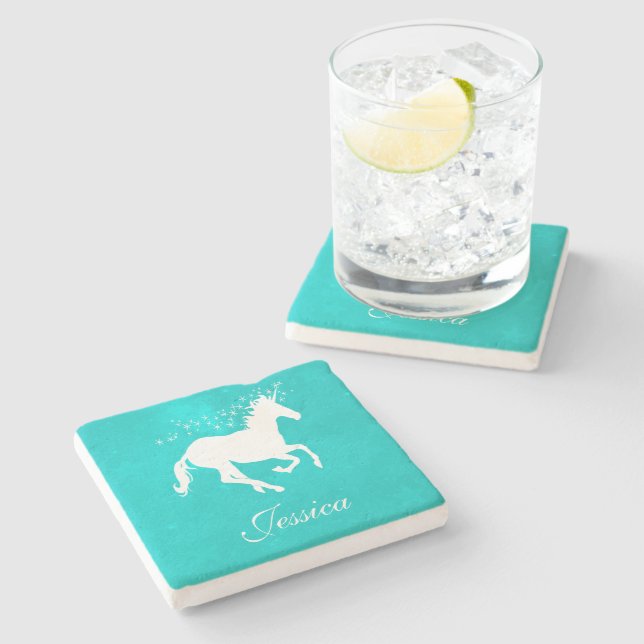 Turquoise Unicorn Personalised  Stone Coaster (Side)