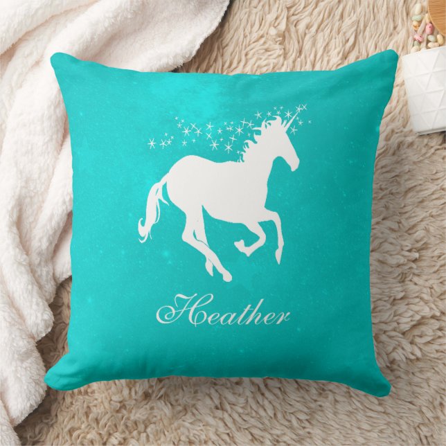 Turquoise Unicorn Personalised Throw Pillow (Blanket)