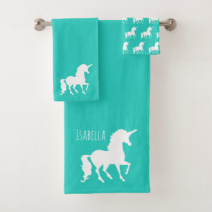 Turquoise Unicorn Silhouette Personalised Kids Bath Towel Set