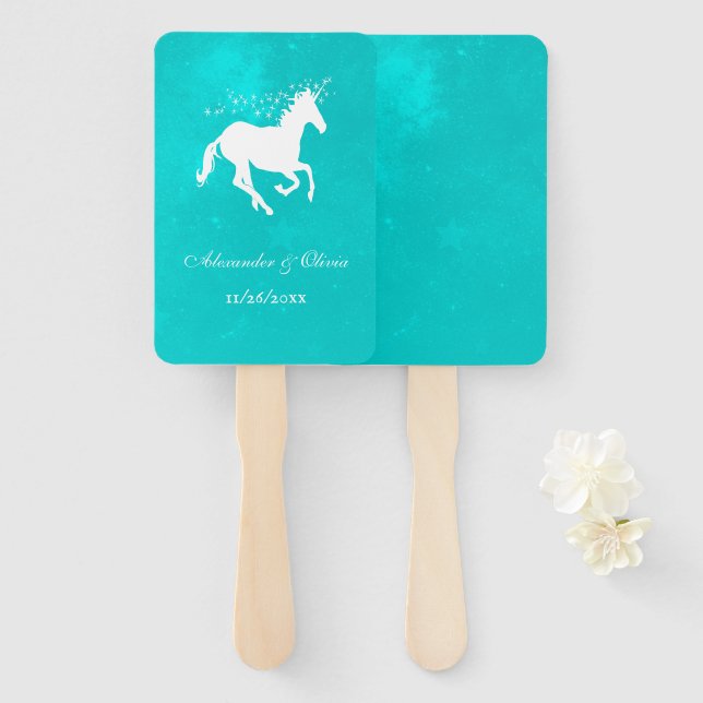 Turquoise Unicorn Wedding Favour Hand Fan (Front and Back)