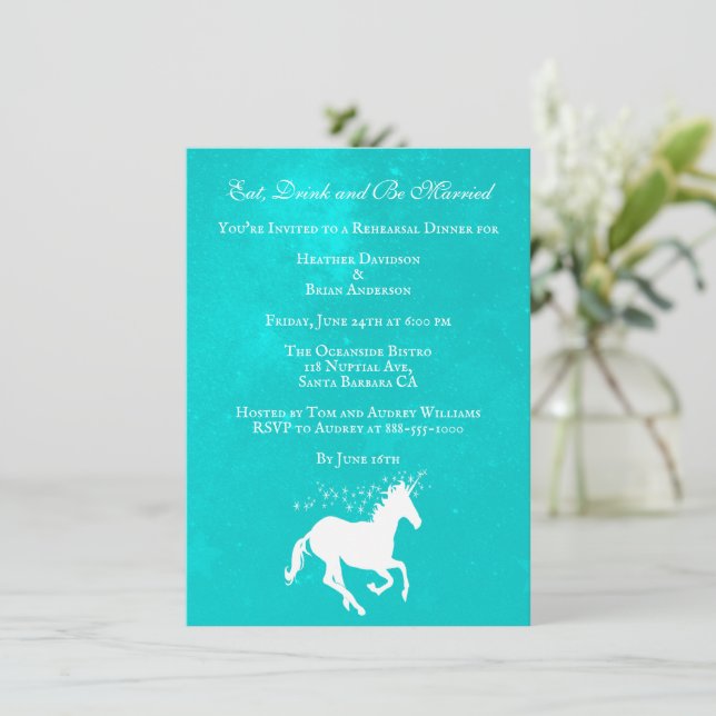 Turquoise Unicorn Wedding Rehearsal Dinner Invite (Standing Front)