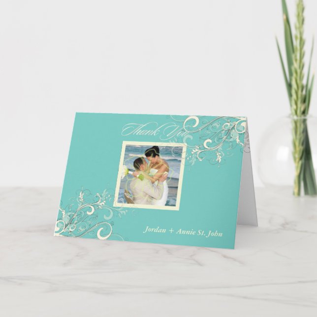 Turquoise+Vanilla Swirls Photo Thank You/DIY colou Thank You Card (Front)