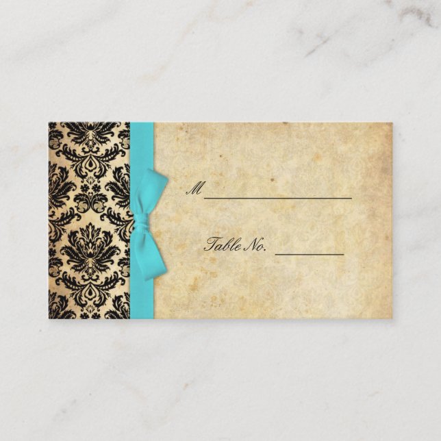 Turquoise Vintage Bow Damask Wedding Placecards (Front)
