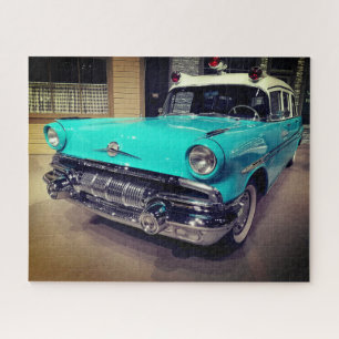 Turquoise Vintage Classic Police Car Old School Jigsaw Puzzle