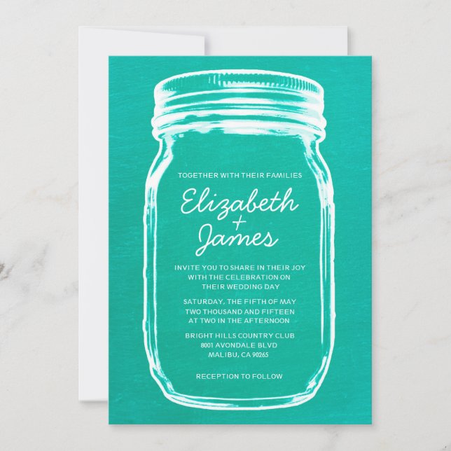 Turquoise Vintage Mason Jar Wedding Invitations (Front)