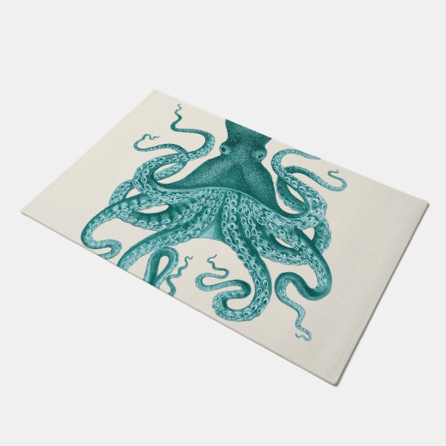 Turquoise Vintage Octopus Illustration Doormat (Angled)
