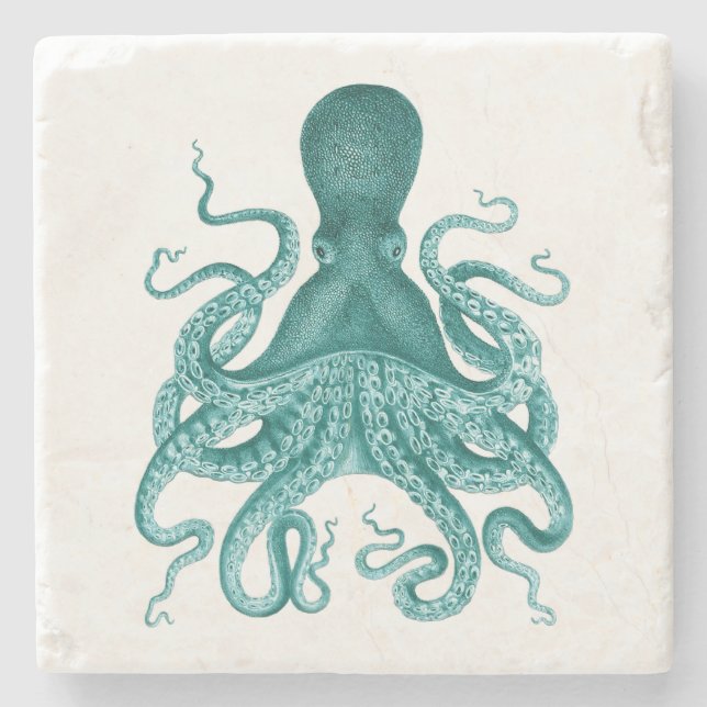 Turquoise Vintage Octopus Illustration Stone Coaster (Front)