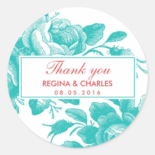Turquoise Vintage Rose Wedding Thank You Sticker (Front)