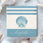 Turquoise vintage seashell beach house script name stone coaster<br><div class="desc">Feel the coastal vibes and relax with your favourite beverage, all while protecting your furniture, with this beautiful, chic, simple, vintage, custom monogram name stone coaster. A graphic, teal blue vintage seashell overlays a white background accented with nautical teal blue stripes. Personalise with your name. Makes a stylish statement every...</div>