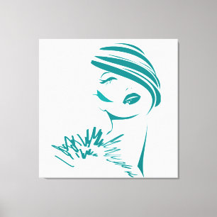 Turquoise Vintage Woman Face Canvas Print