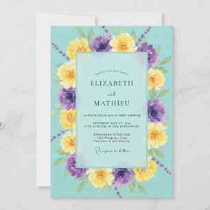Turquoise Violet Ranunculus Eucalyptus Wedding Invitation