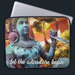 Turquoise Warrior Statue Photo Let Adventure Begin Laptop Sleeve<br><div class="desc">“Let the adventure begin.” Discovered in a lush garden setting, this Asian warrior statue shouts travel and exploration. Enliven your computer with this stunning photography neoprene laptop sleeve. This laptop sleeve comes in three sizes: 15", 13", and 10”. Makes a great gift for someone special! You can easily personalise this...</div>