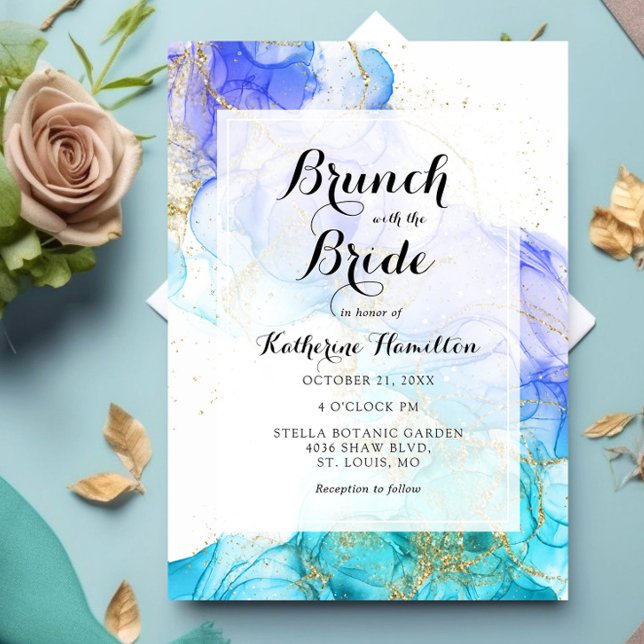 Turquoise Watercolor and Gold Bridal Brunch Invitation (Creator Uploaded)