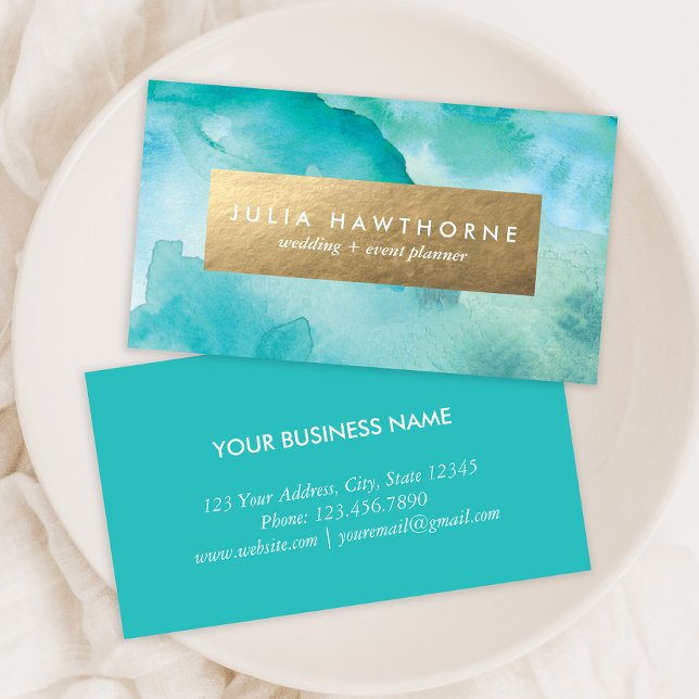 Turquoise Watercolor and Gold Faux Foil Business Card (Creator Uploaded)