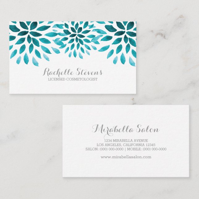 Turquoise Watercolor Chrysanthemums Business Card (Front/Back)