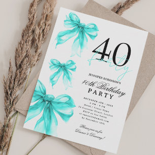 Turquoise Watercolor Coquette Bow 40th Birthday Invitation