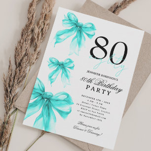 Turquoise Watercolor Coquette Bow 80th Birthday Invitation