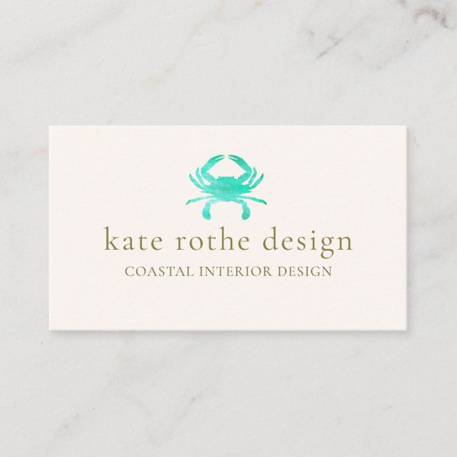 Turquoise Watercolor Crab Coastal Business Card (Front)