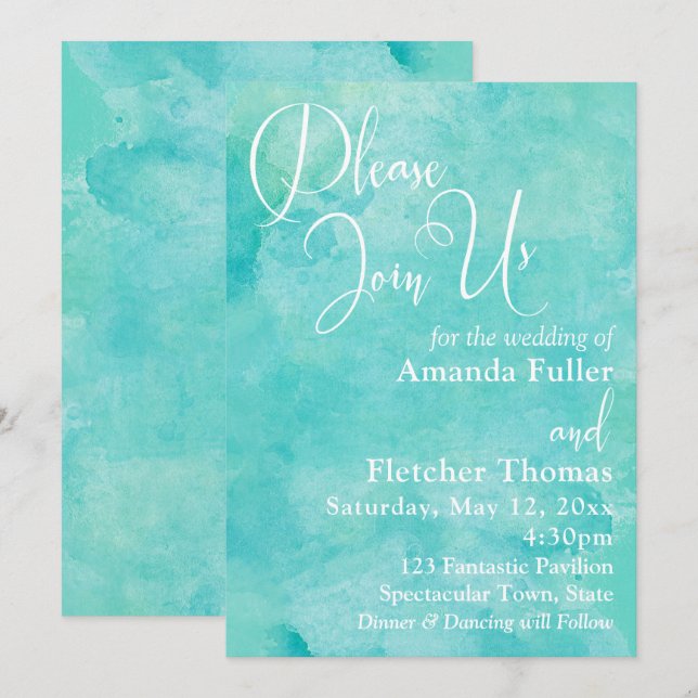 Turquoise Watercolor Elegant Typography Wedding 2 Invitation (Front/Back)