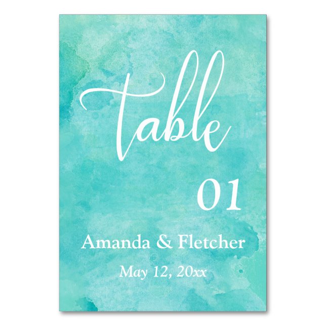 Turquoise Watercolor Elegant Wedding Table Number (Front)