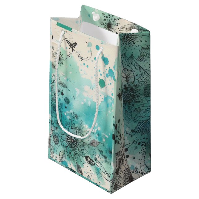 Turquoise Watercolor Ephemera Small Gift Bag (Front Angled)