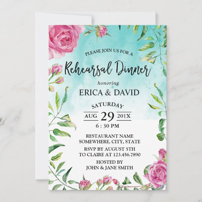 Turquoise Watercolor Floral Rehearsal Dinner Invitation (Front)