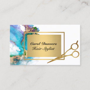 Turquoise Watercolor Gold Foil Marble Hair Stylist Business Card