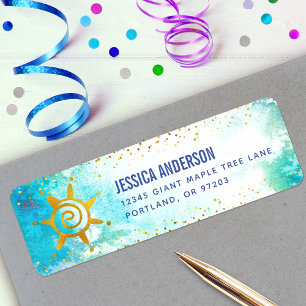 Turquoise Watercolor Gold Girly Birthday Address
