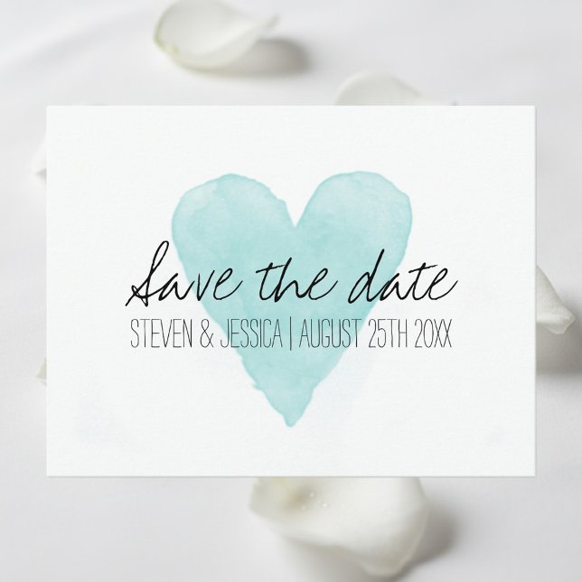 Turquoise watercolor heart save the date postcards (save the date postcard with aqua blue heart)
