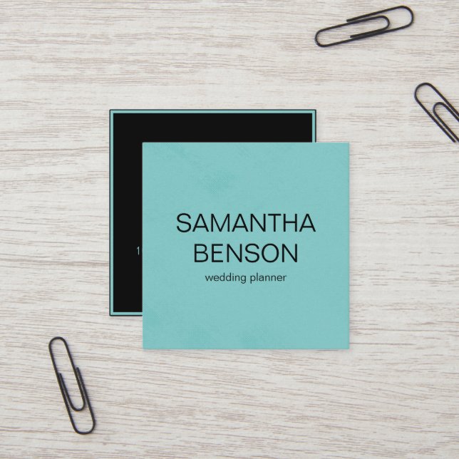 Turquoise Watercolor Leather Wedding Planner Square Business Card (Front/Back In Situ)