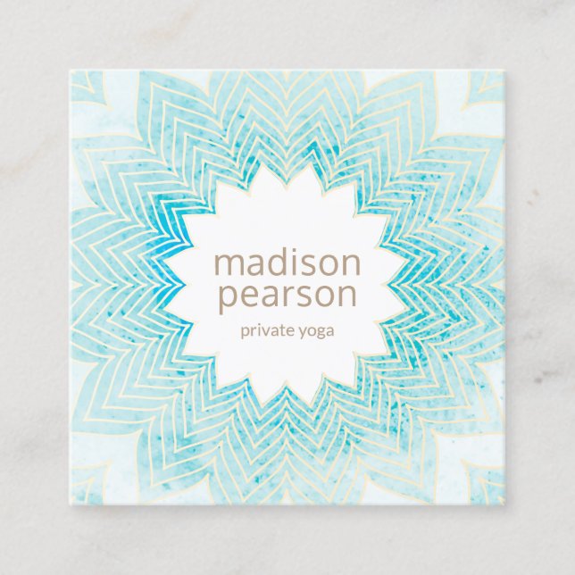 Turquoise Watercolor Lotus Mandala Flower Yoga Square Business Card (Front)