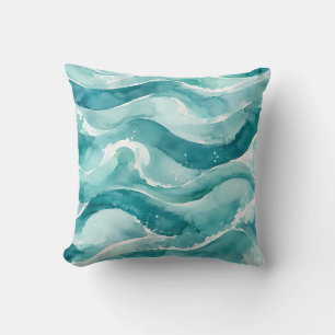 Turquoise Watercolor Ocean Abstract Waves Cushion
