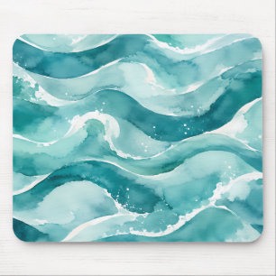 Turquoise Watercolor Ocean Waves Abstract Mouse Mat