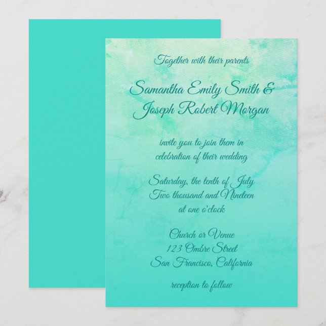 Turquoise Watercolor Ombre Calligraphy Wedding Invitation (Front/Back)