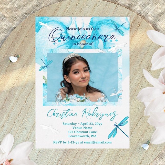 Turquoise Watercolor Orchid, Dragonfly Quinceanera (turquoise quinceanera invitations)