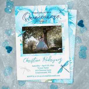 Turquoise Watercolor Orchid, Dragonfly Quinceanera