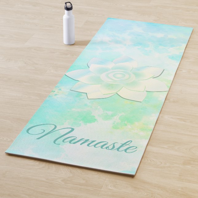 Turquoise Watercolor Pastels Lotus Flower Namaste Yoga Mat (In Situ)