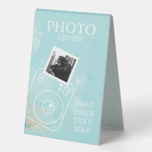 Turquoise Watercolor Photo Guest Book Table Tent