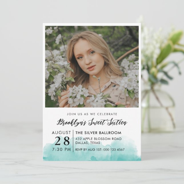 Turquoise Watercolor Photo Sweet 16 Invitation (Standing Front)